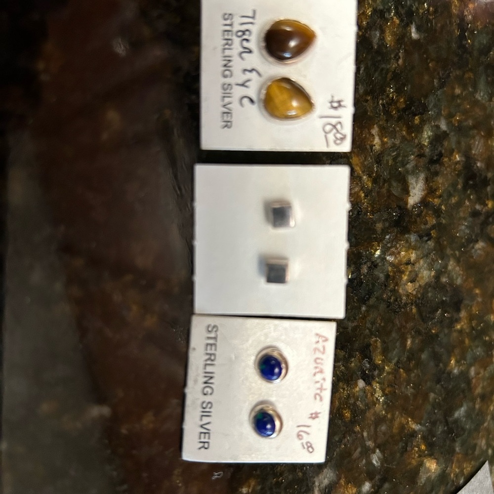 Sterling Silver Earrings Set with Tiger Eye and Azurite